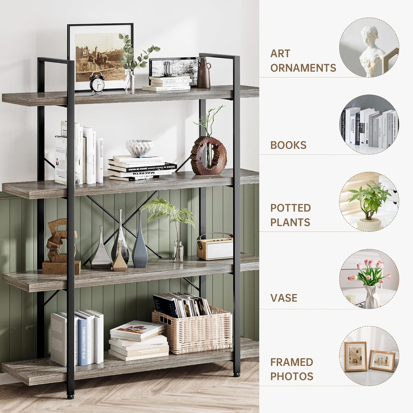 Heavy Duty 4-Tier Industrial Bookcase, 47" Wide Wood Bookshelf for Home Office, 120lbs Shelf Capacity, Rustic Shelving Display with Reinforced Horizontal Shelf for Living Room Bedroom,Grey