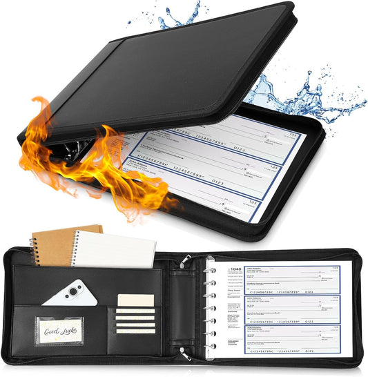 Henoyso 7 Ring Fireproof Business Checkbook Binder with Zipper 1.5 Inch D Rings Check Binder 9 x 13 Inch Checks 600 Sheets Capacity Built in Storage Organizer for Office Storage(Black)