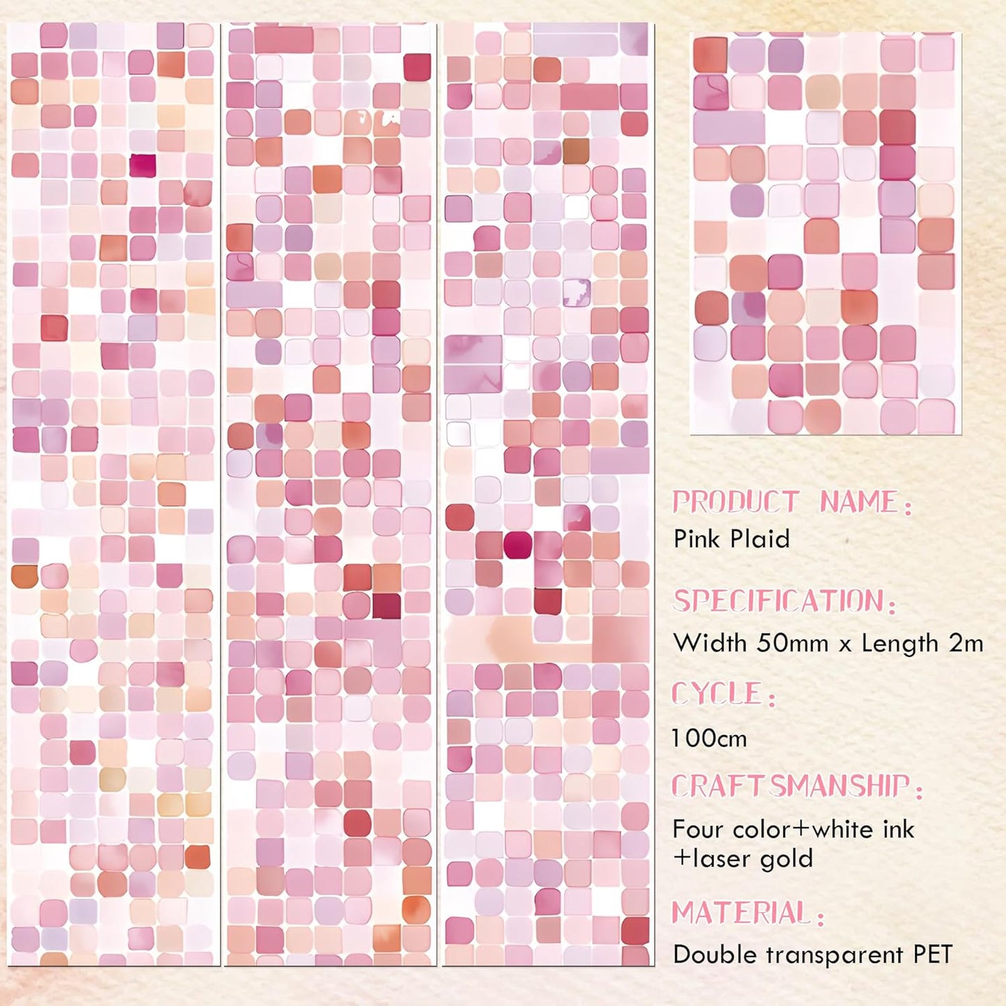 PET Tape for Journal Scrapbooking - Pink Mosaic Junk Journal PET Tape Scrapbook Supplies, Scrapbook Notebook Bottle Crafts Decor