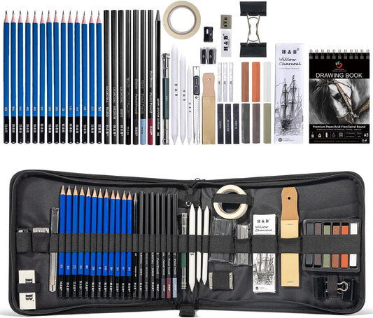 H & B 50 Pack Drawing Set Sketching Kit, Pro Art Supplies with 3-Color Sketchbook, Include Colored, Graphite, Charcoal, Watercolor & Metallic Pencil, for Artists Adults Beginner