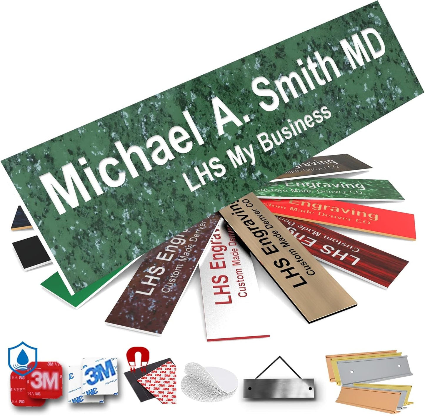 Engraved Name Plates for Door Sign Personalized Green Marble Plastic Plaque with White Letters - Made in USA 2x4 S4