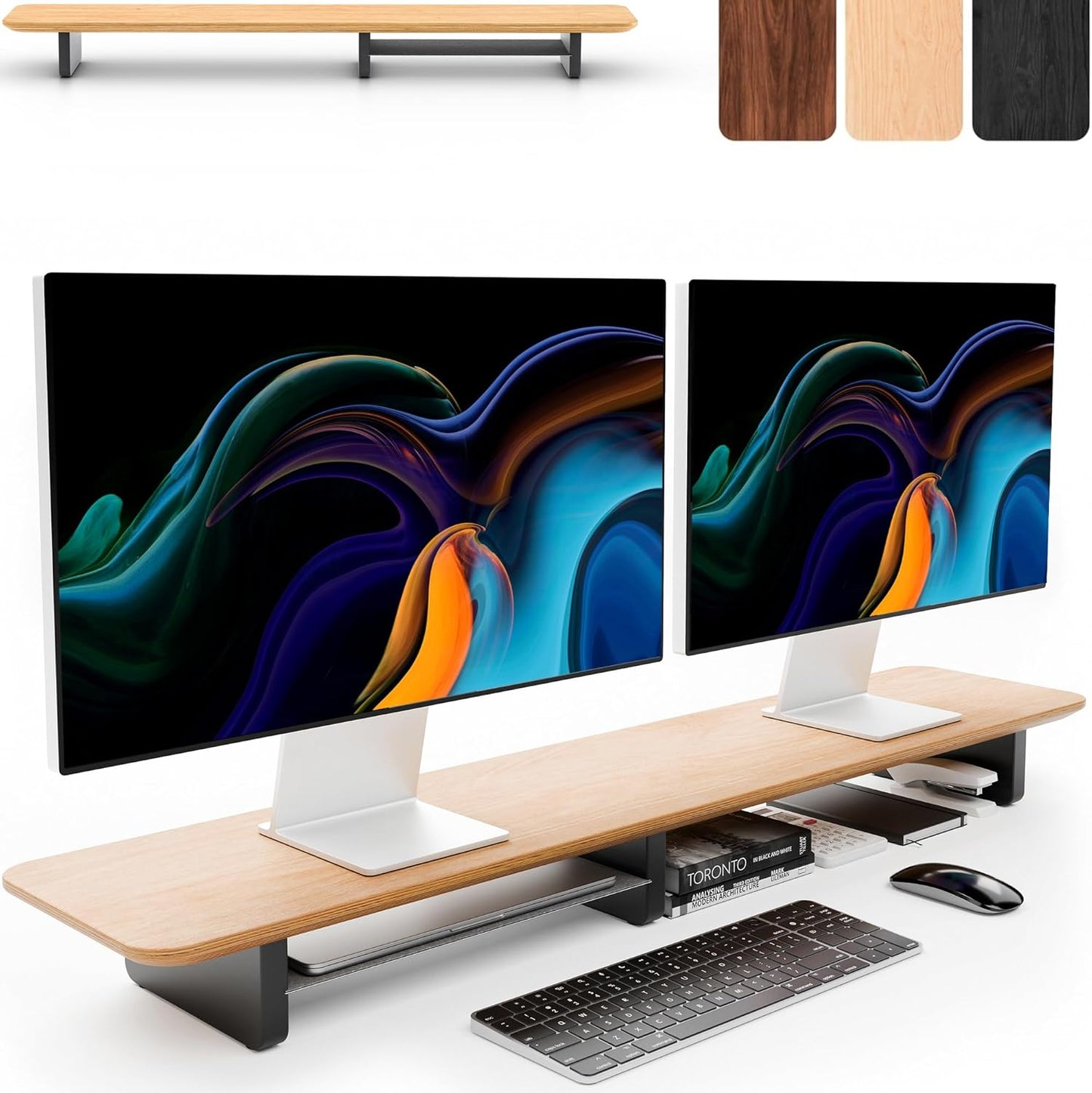 KIVY Dual Monitor Riser With Integrated Metal Shelf [MADE BY HAND] - Wooden Desk Shelf for 2 Monitors - Wide Long Stand for Desk (44 x10x3in - Oak)