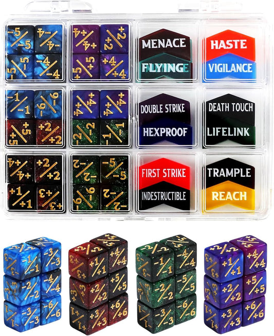 48PCS MTG Tokens & 12mm Dice Counter for Magic The Gatering, MTG Abilities Keyword Buff Tokens Life Counters 6 Sided Dice, Compatible with TCG Card Gaming Accessories CCG Creature Stats