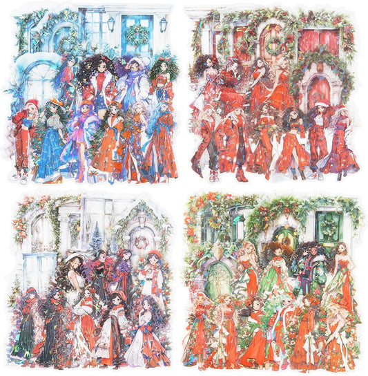 Christmas Party PET Stickers, 60 Holographic Character and Door Designs for Scrapbooking, Journaling, DIY Crafts, and Holiday Decor