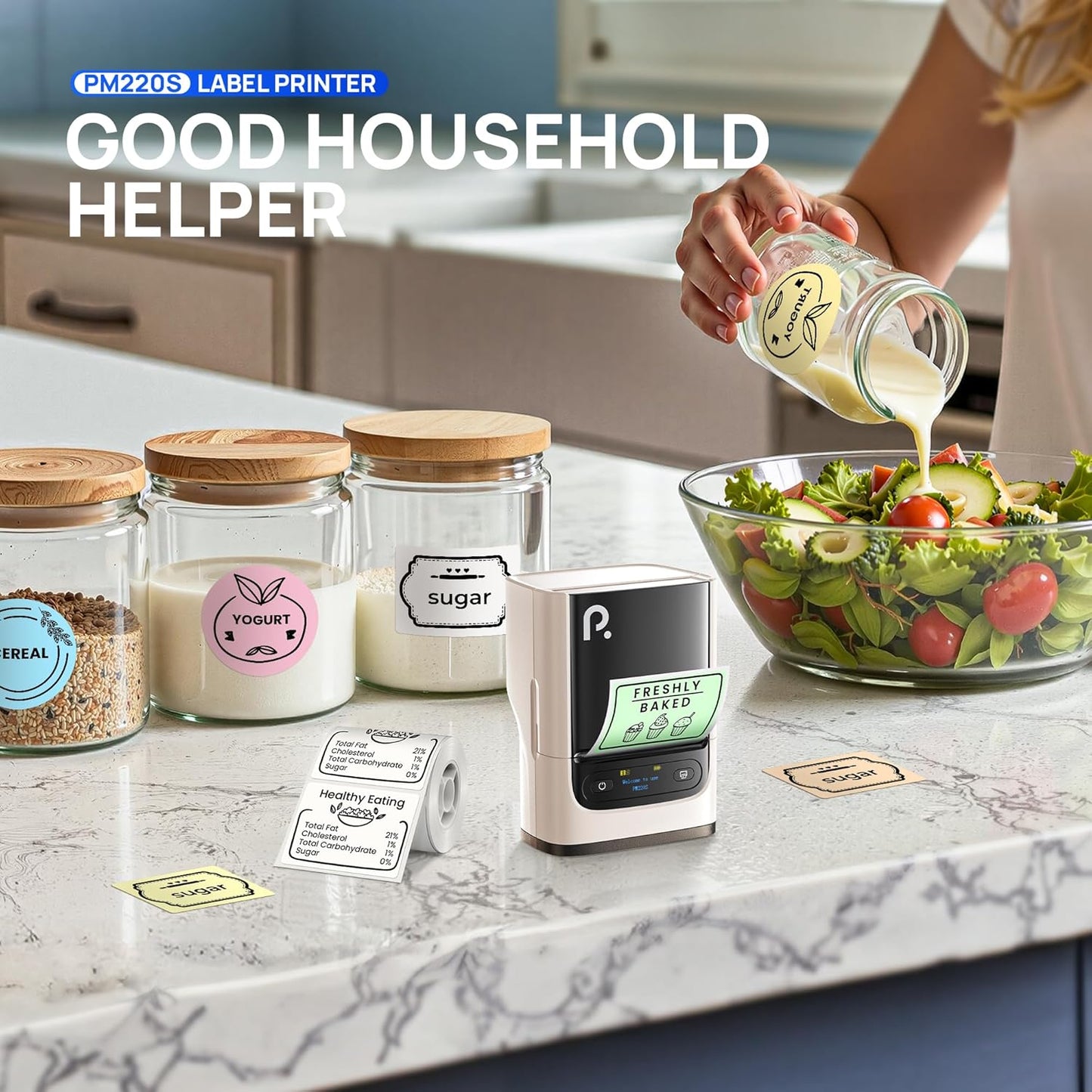 PM220S Label Maker Machine with Tape, 2 Inch Bluetooth Portable Thermal Label Printer for Small Business, Beige