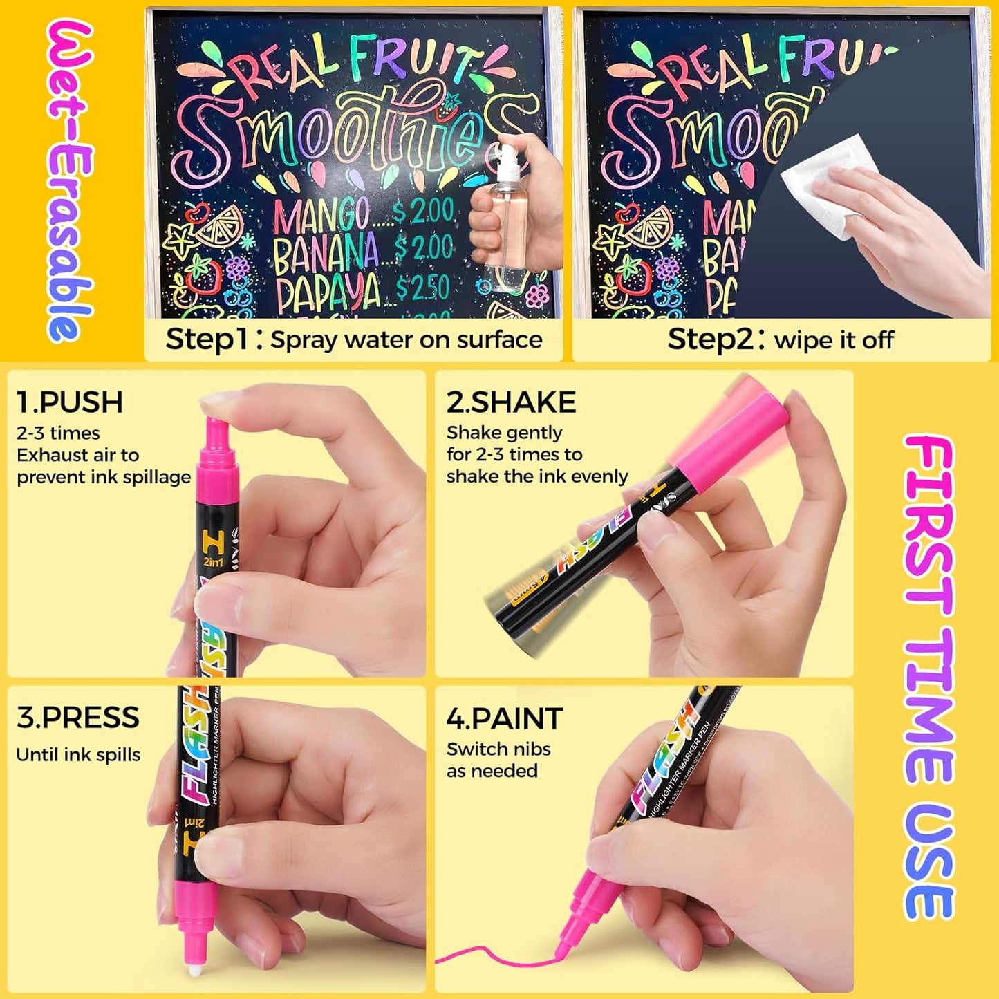SFAIH 24 Vibrant Chalk Markers for Blackboard [1s Wet Wipe] - No Residue, 4.5-6mm Liquid Chalk Markers for School Sign Board, Calendar, Car Window, Glass, Non-Toxic, Zero Dust, With Highlighter Marker