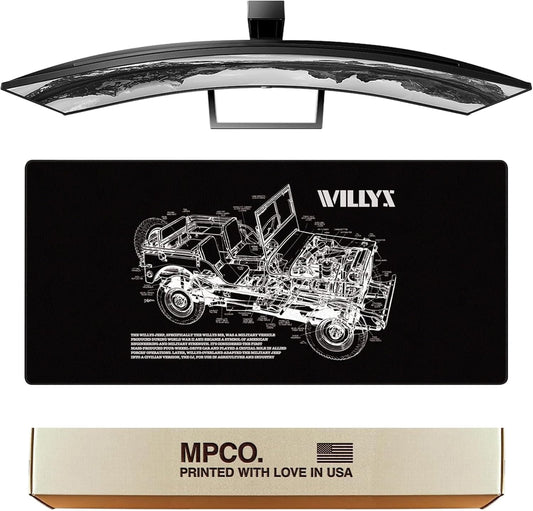 MPCO. Blueprints Large Gaming Desk Pad - 36" x 17" Duraglyde Fabric Willys Jeep – Black Desk Mats - Non-Slip, Washable, Smooth Glide for Precision Gaming & Work