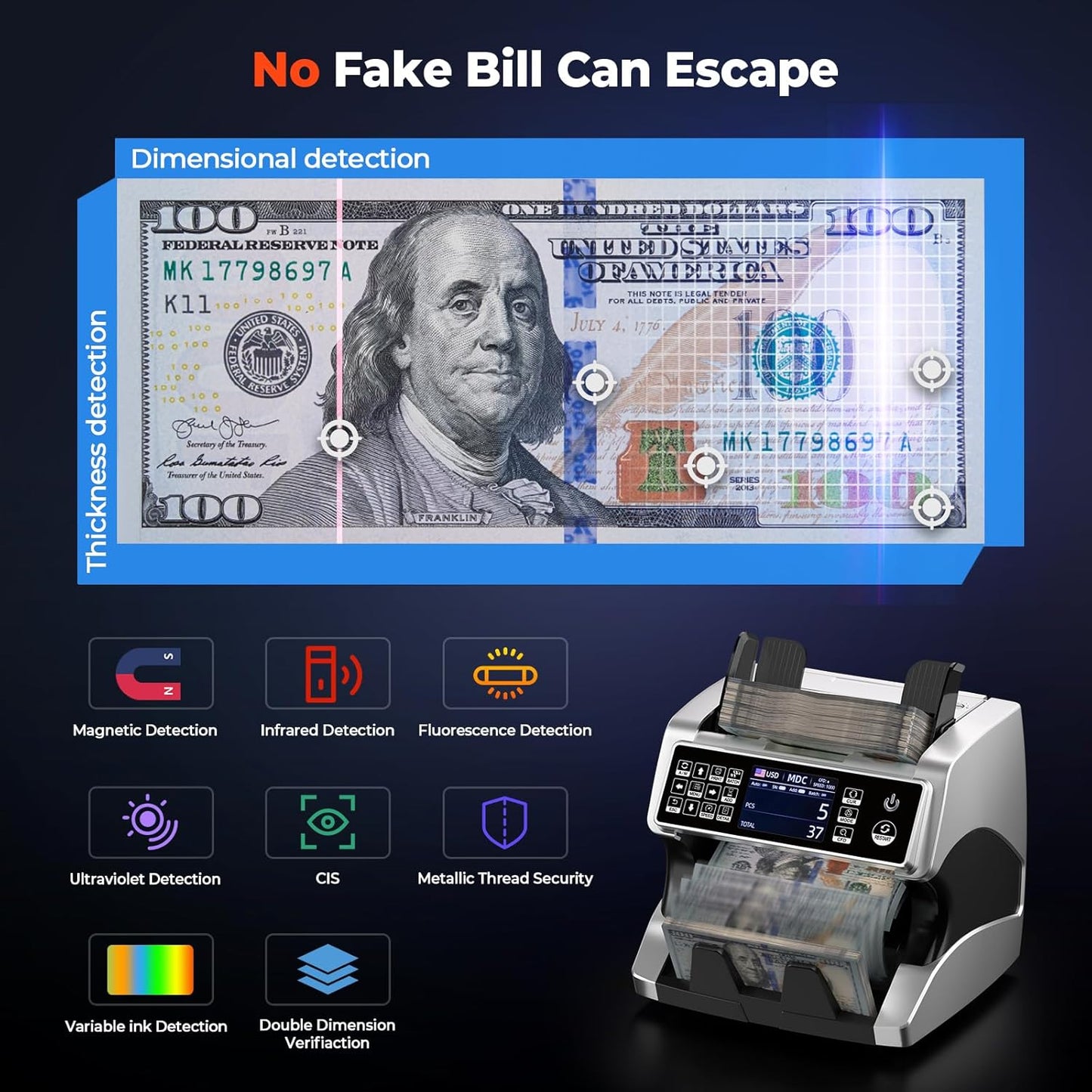 MUNBYN IMC01 Bank Grade Money Counter Machine Mixed Denomination, 2CIS/UV/IR/MG/MT Counterfeit Detection, Serial Number, MUL Currency Cash Counter, Printer Compatible, 2Y Warranty (Silver)