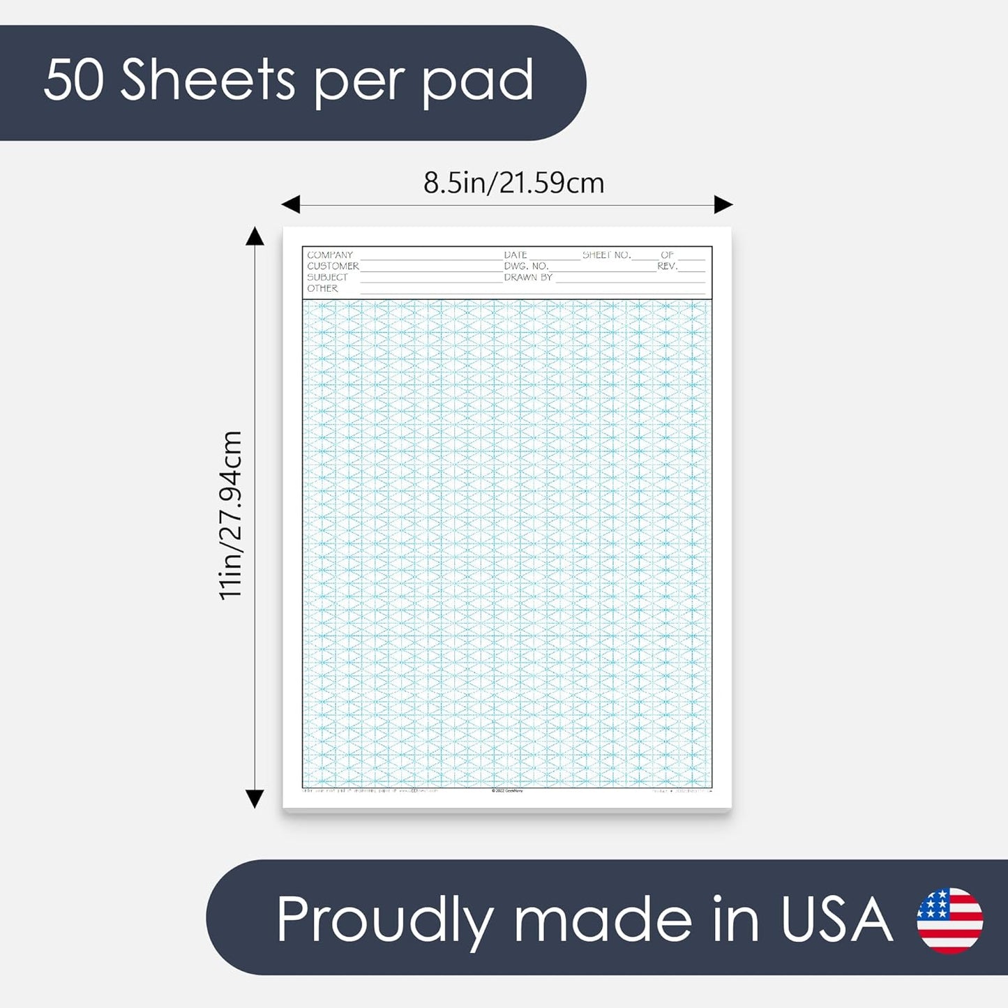 8.5" x 11" Isometric Graph Paper 50 Sheets Portrait - 0.25" Grid, Non-photo Blue, High Brightness, Drafting, Engineering, Art, 3D Design (3-Pack)