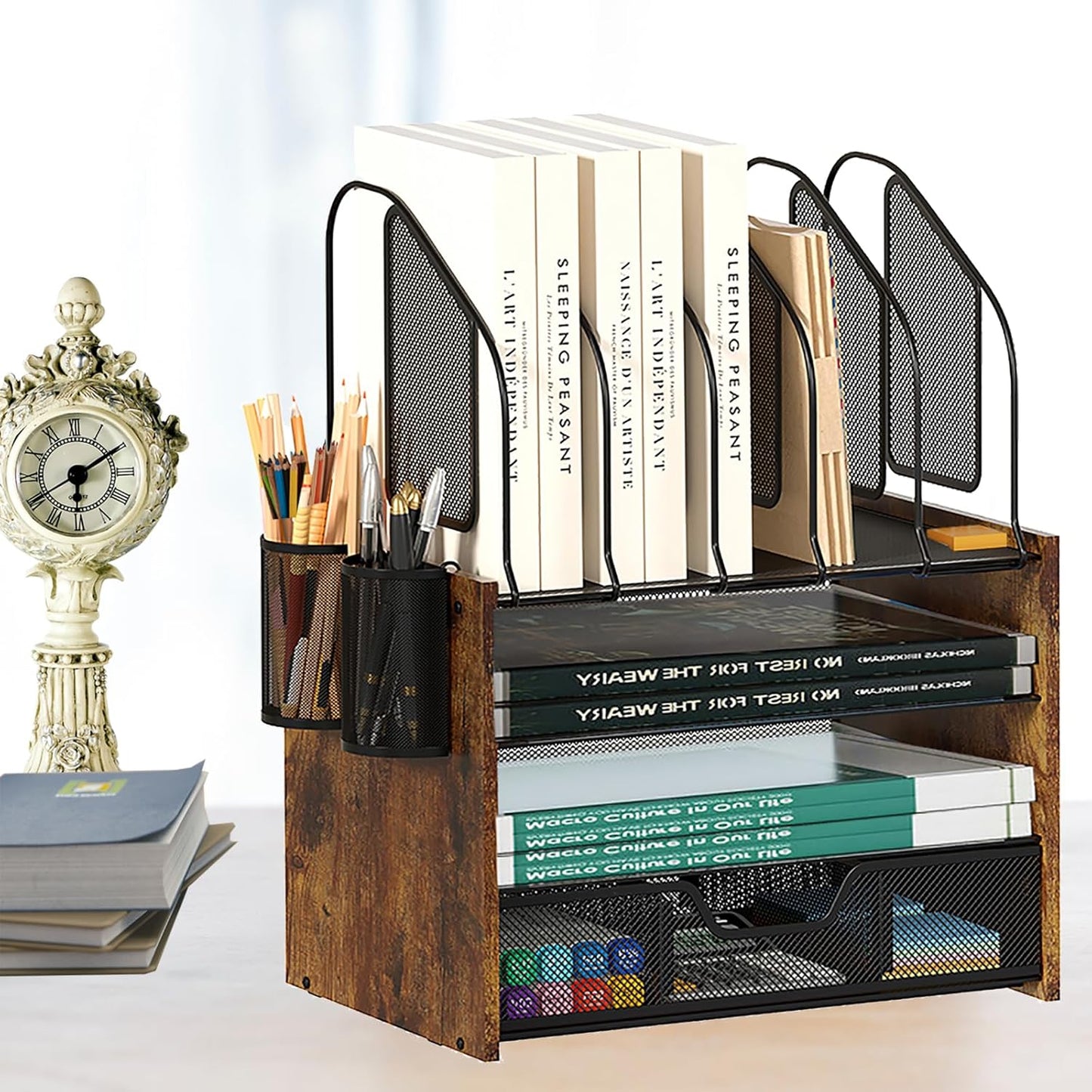 Wood Desk Organizer - 4-Tier Desktop File Organizer with Drawer, Wooden Paper Tray, Vertical File Holders & 2 Pencil Holders - Office Desk Organizer for Papers, Mail, Notebooks, Stationery
