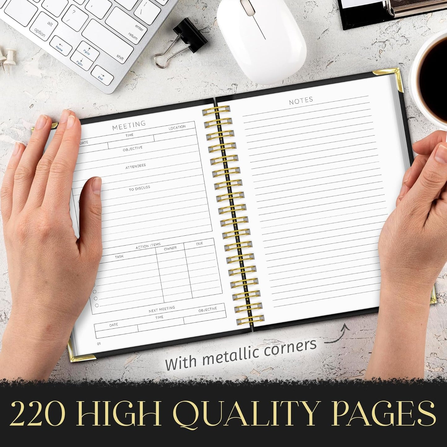 Marjan International Meeting Notebook for Work with Black Pen – 100gsm Thick Paper, Professional Planner Notebook for Work, To Do List Organizer, Business Journal, Office Work Notebook