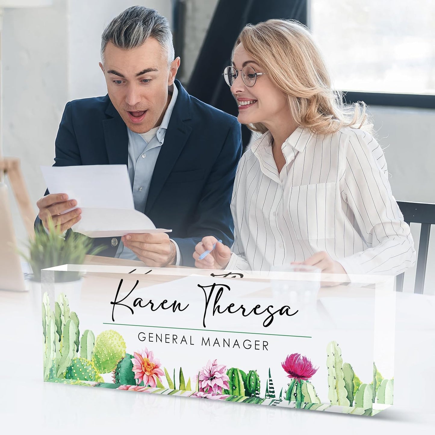 Custom Office Name Plate, Personalized Gifts for Women & Men, Appreciation Gifts for Employees, Office Desk Accessory (Cactus)