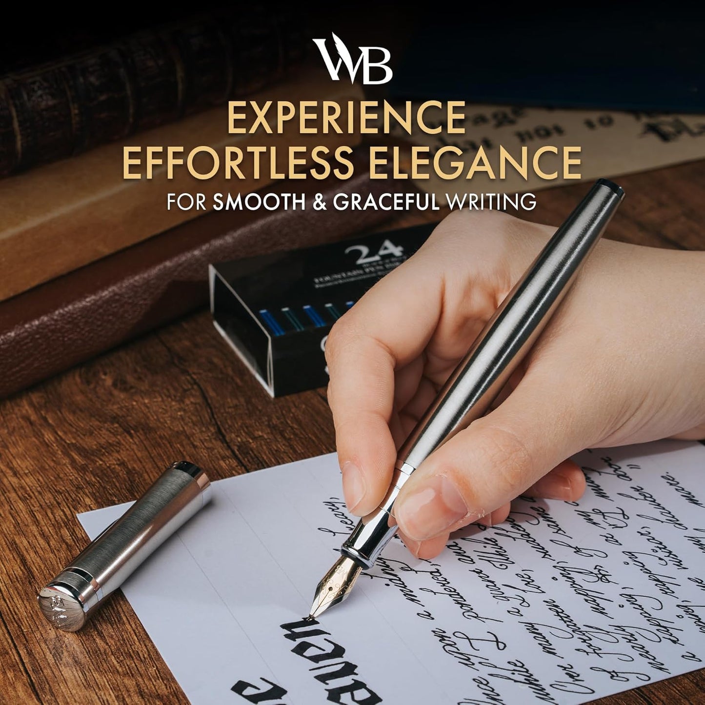 Wordsworth & Black Fountain Pen Set, Bent Nib, Includes 24 Pack Ink Cartridges, Ink Refill Converter & Gift Box, Chrome Finish, Calligraphy, [Silver Chrome], Perfect for Men & Women