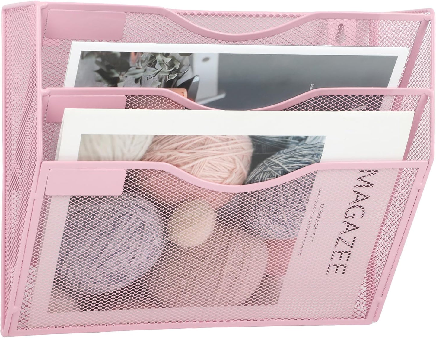 EASEPRES 3 Pocket Mesh Hanging Wall File Organizer, Wall Mounted Mail Paper Document Folder Holder, Clipboard Storage Organization Magazine Rack with Nametag Label for Office Home School, Pink