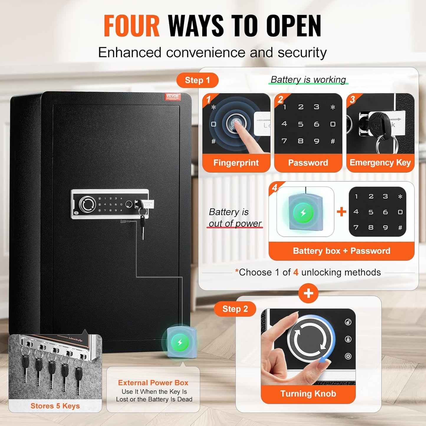 VEVOR Single Door 4.0 cu.ft Safe Box with Key Lock, Password & Fingerprint, Safe Lock Box with Fireproof Bag, Key Rack, LED Light, and 2 Shelves for Money, Documents, Jewelry, and Valuables, Black