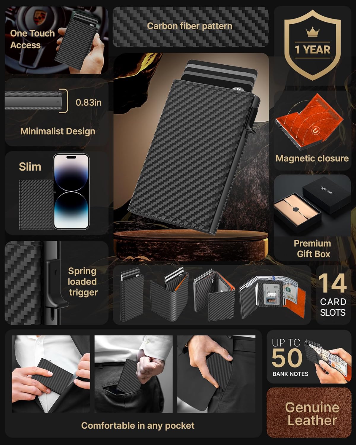 typecase Mens Wallet Card Holder: Pop Up Aluminum Case, Carbon Fiber Leather, Smart, RFID Blocking, Slim, Minimalist, Front Pocket - 9-14 Card Capacity | ID Window | Cash Slot (Orange)