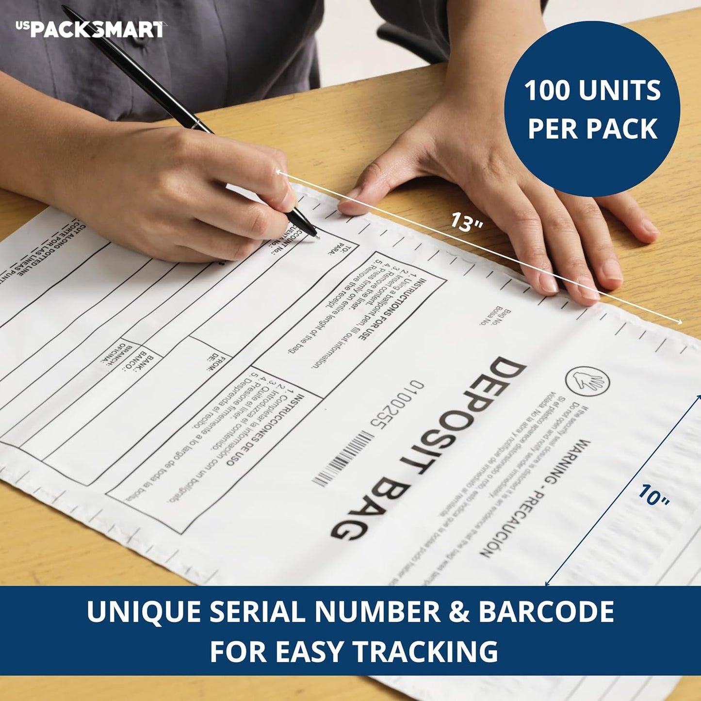Opaque Plastic Deposit Bags 10"x13" | Secure Bank Deposits, Cash Handling or Safe Currency Transportation | Sequential Barcodes | Tamper-Evident, Tear-Off Receipt for Security | 100-Pack