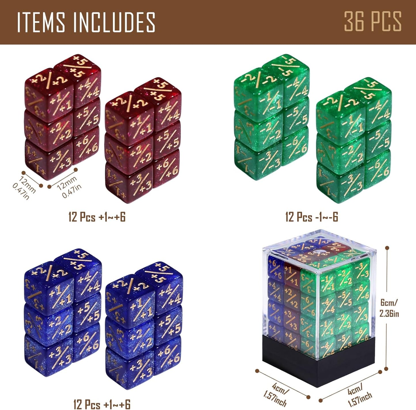 36PCS 12mm MTG Life Counters Dice Set with Box, Small MTG Tokens Loyalty 6 Sided Dice for Magic The gatering Accessories, Compatible with TCG CCG Magic Card Gaming Accessories