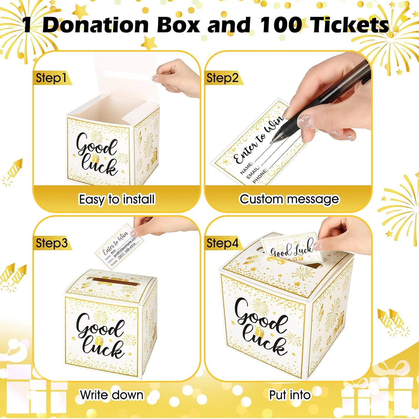 Colarr Raffle Box Gold Brass Donation Box Ballot Safe Suggestion with Raffle Tickets Cards Ballot with Slot Collection Voting Bowl Holder Gifts(1 Pack)