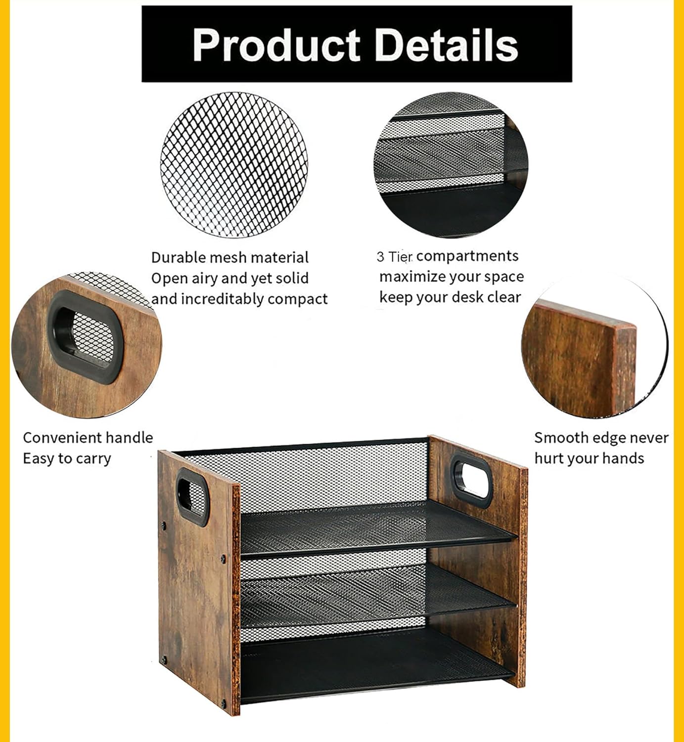 Wood Desk Organizer - 3-Tier Desktop File Organizer, Wooden Paper Tray, Office Desk Organzier and Accessories for Papers, Mail, Notebooks, Stationery