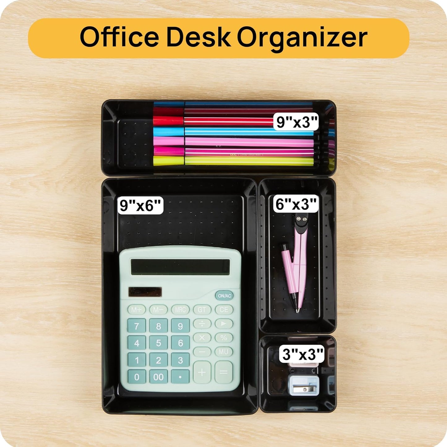 Vtopmart 44 PCS Plastic Drawer Organizers Set, 4-Size Versatile Bathroom and Vanity Organizer Trays, Non-Slip Storage Containers for Makeup, Jewelries, Bedroom，Kitchen Utensils and Office, Black