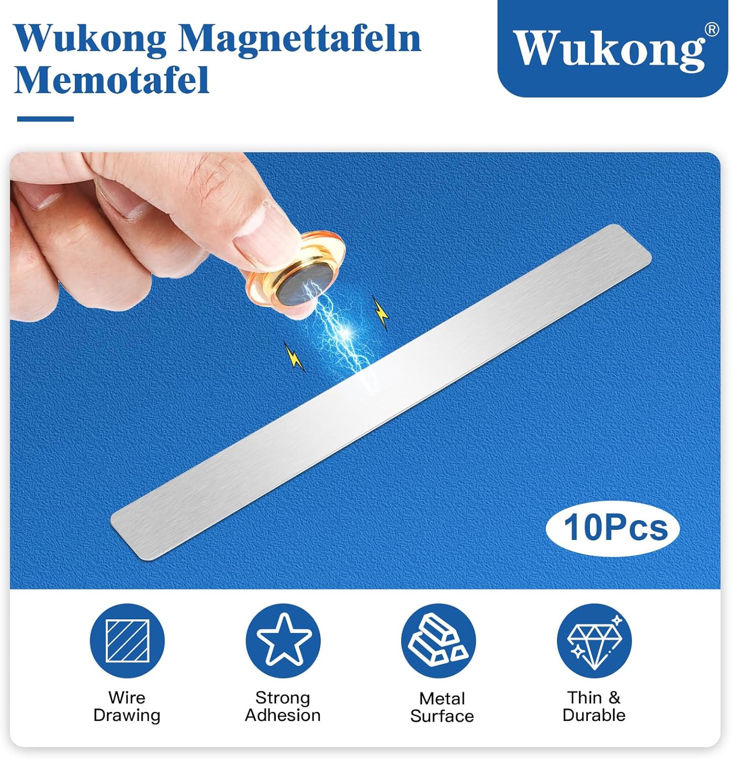Wukong 10 Pack | 30x3cm(11.81 x 1.18) Magnetic Stainless Silver Boards Strips, Adhesive Backing Bulletin Bar Board, Memo Board with 32Pcs Colorful Magnets for Office, Home, Photo Wall, Documents