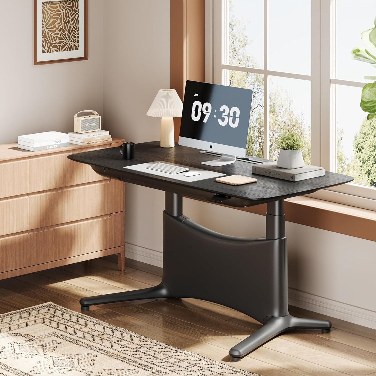 COLAMY Electric Adjustable Standing Desk – 48 x 28 Inch Sit Stand Desk with Drawer & Cable Management, Dual Motor Lift System, Ergonomic Footrest, Home Office Table (Veneer Desktop, Black Oak + Black)