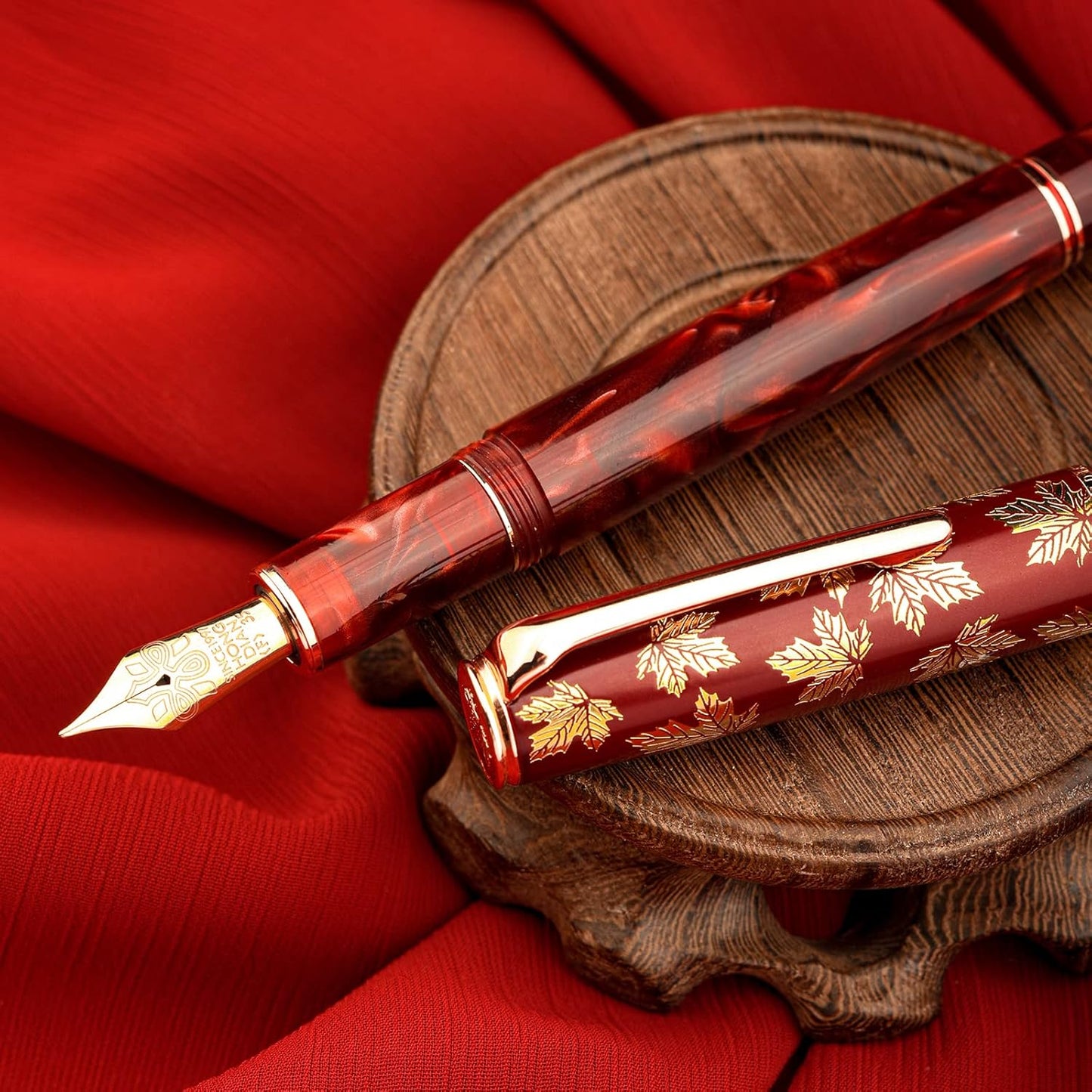 Hongdian N8 Red Acrylic Resin Fountain Pen, Iridium Medium Nib Rose Gold Trim Maple Leaf Carving Cap, Smooth Writing Pen with Converter and Metal Pen Box Set