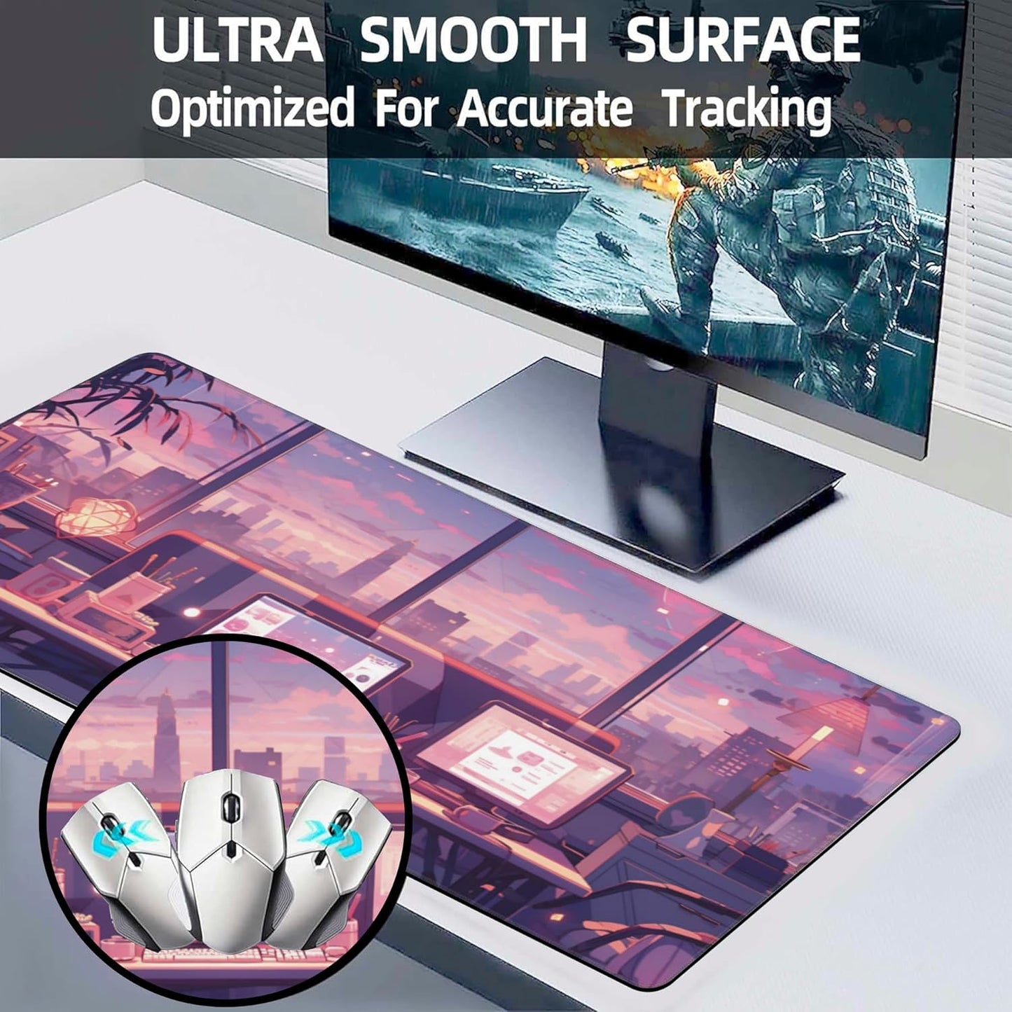 Extended Large Gaming Mouse Pad, Cute Pink Cyberpunk Lofi Large Desk Mat for Desktop, Non-Slip Rubber Base Stitched Edges Long Computer Keyboard Desk Pad Mouse Mat for Gaming Home Office 35.4"X15.7"