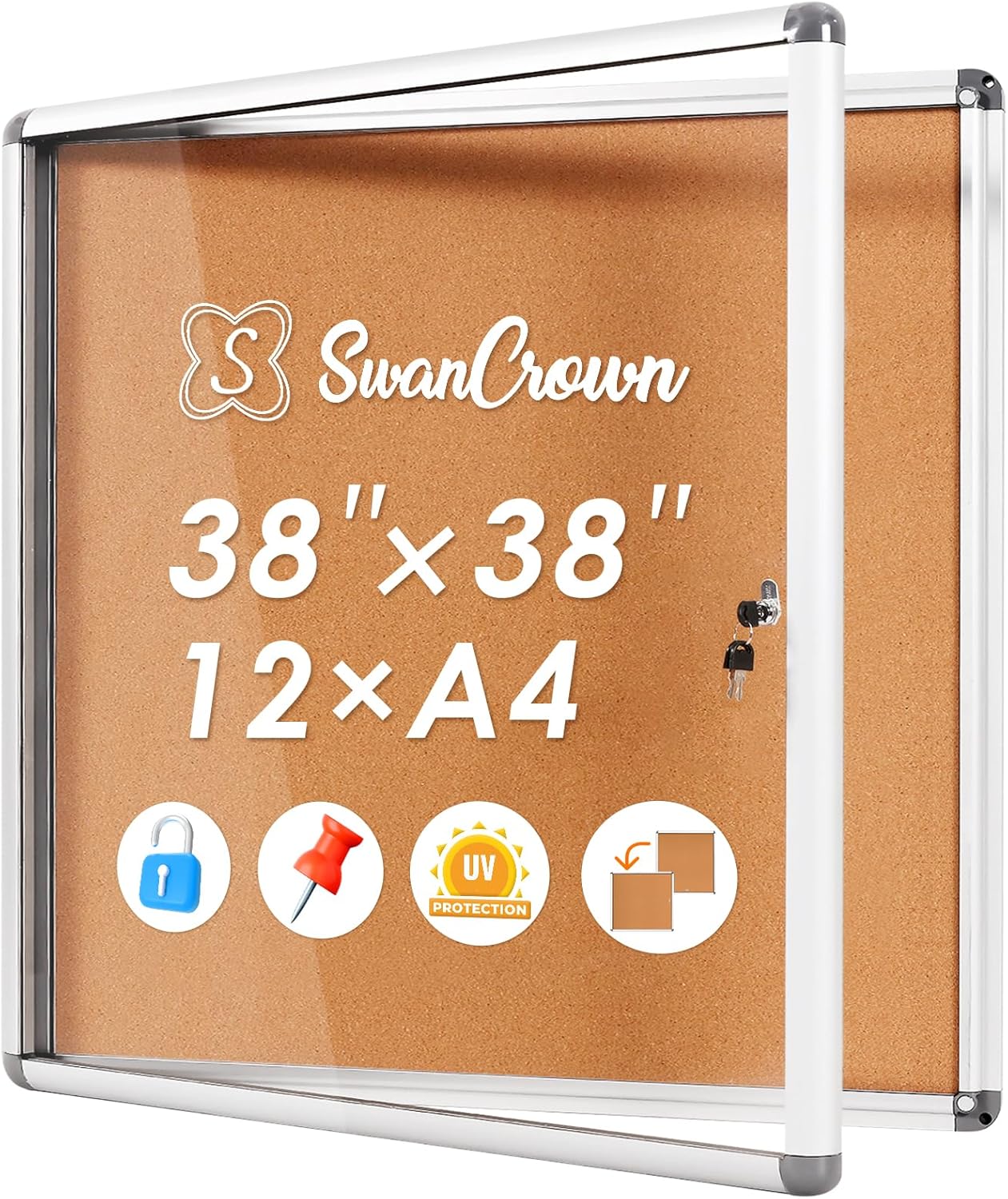 SWANCROWN Enclose Bulletin Board Case Big School Cork Pin Noticeboards Secure Cabinet for Message Guide 38x38inches (12xA4)
