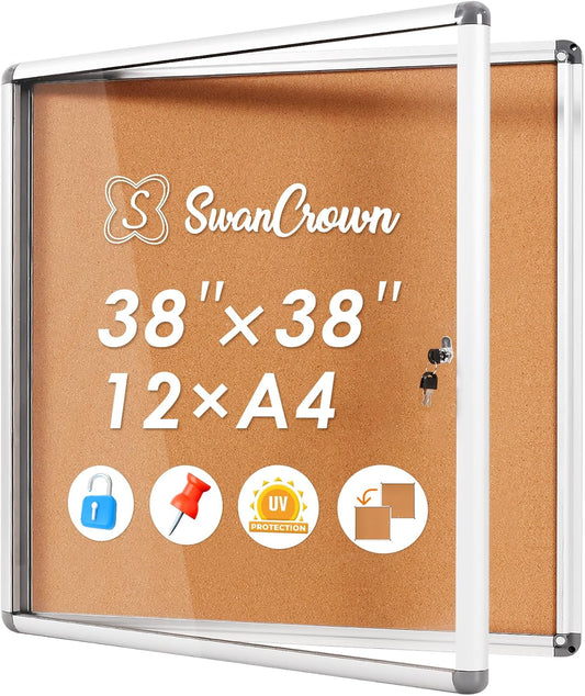 SWANCROWN Enclose Bulletin Board Case Big School Cork Pin Noticeboards Secure Cabinet for Message Guide 38x38inches (12xA4)