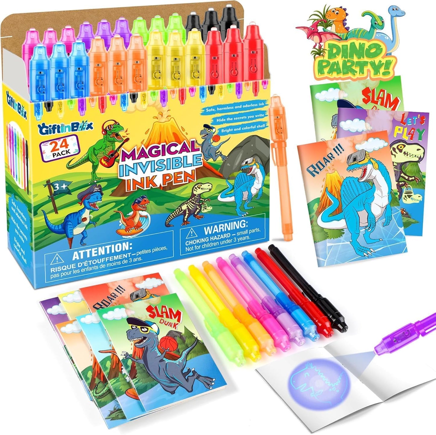 Invisible Ink Pens with UV light for Kids, Spy Pen Dinosaur Party Favors for Kids 8-12, 24Pack Invisible Ink Pen and Notebook, Magic Marker for Secret Message Birthday Party Favors for Kid 4-8