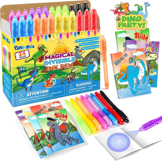 Invisible Ink Pens with UV light for Kids, Spy Pen Dinosaur Party Favors for Kids 8-12, 24Pack Invisible Ink Pen and Notebook, Magic Marker for Secret Message Birthday Party Favors for Kid 4-8