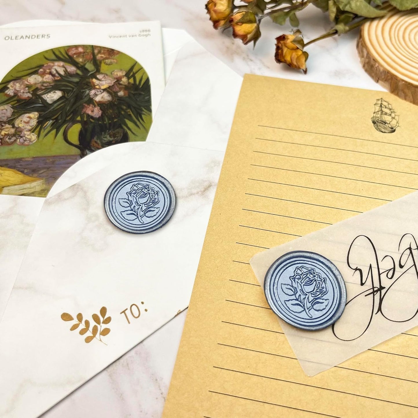 100Pcs Wax Seal Stickers Handmade Envelope Seals Self Adhesive Wax Stickers for Wedding Party Invitations, Envelope, Gift Wrap, Christmas(Rose Style, Gray Blue)