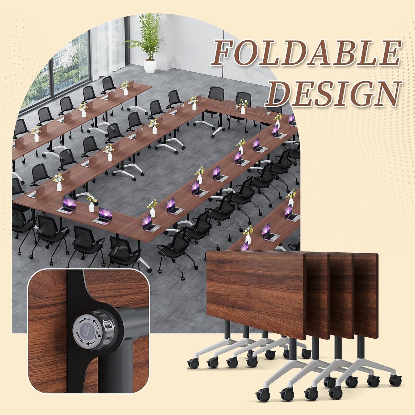 Folding Conference Room Table, Modern Conference Tables with Wheels, Large Rectangular Mobile Training Tables for Office Classroom, Foldable Modular Boardroom Seminar Table (6pack L47.2in)