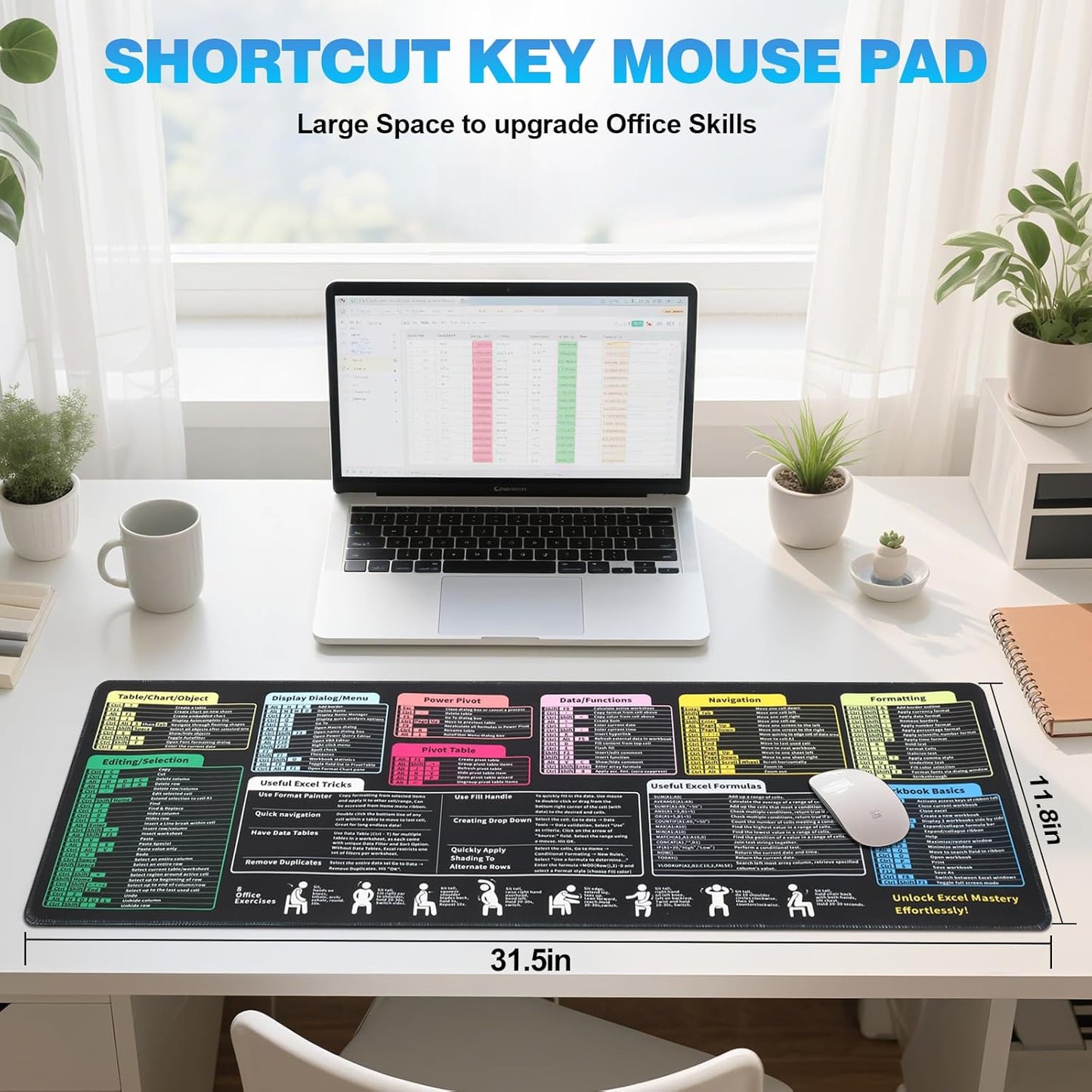Linoows Excel Shortcut Keys Mouse Pad, Extra Large 31.5 x 11.8 Inch Gaming Mouse Mat, PC Spreadsheet Keyboard Mousepad, Waterproof Non-Slip Desk Pad with Stitched Edge