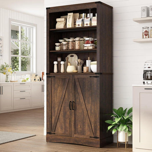 71in Farmhouse Kitchen Pantry Cabinet,Tall Storage Cabinet with 2 Doors and Adjustable shelves,with Load-Bearing Steel Pipe,Wood Storage Cabinets for Kitchen,Dining Room,Bathroom(Brown)