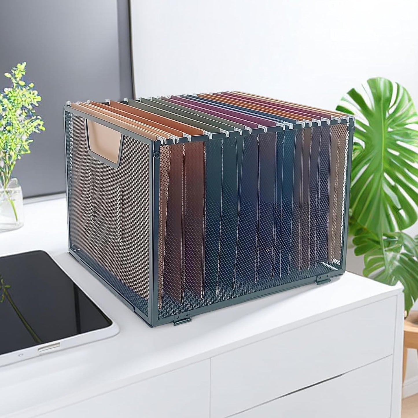 Modern Black Metal Mesh Hanging File Organizer, Office/School/Home File Crate, 13.8 x 12 x 10 inches