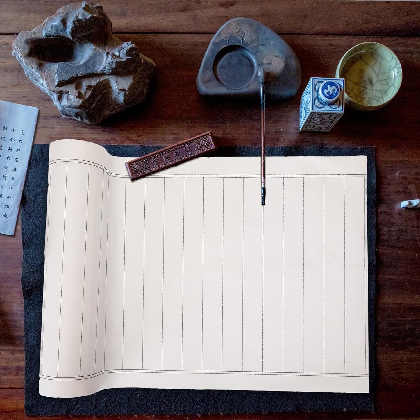 MEGREZ Chinese Calligraphy Brush Writing Practice Paper, Xuan Paper Roll Rice Paper Calligraphy with Vertical Grids, 35cm x 50m(13.8in x 164ft), Half Raw Ripe Xuan Paper, 3cm/Grid, White