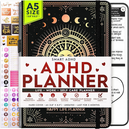 Adhd Daily Planner - A Self Care Personal Gratitude Journal to Increase Productivity and Success in Life & Work, Weekly & Monthly Undated Planner for Women and Men, Vision Board & Organizer + Stickers