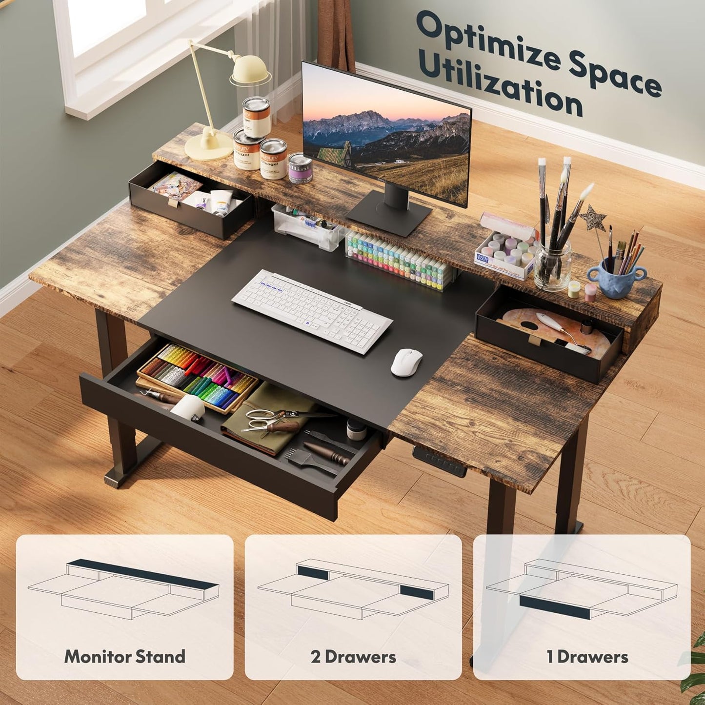 SANODESK Electric Standing Desk with Drawers, 63 x 32 inch Height Adjustable Computer Desk, Home Office Stand Up Desk with 3 Preset Heights, Black