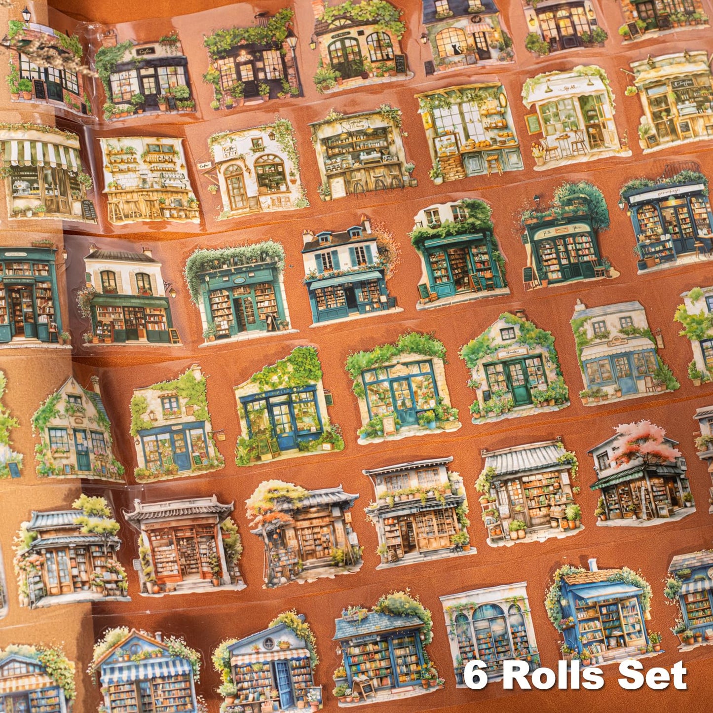 6 Rolls House Building Theme PET Tape Set, Pre-Cut Decorative Grocery Shop Stickers for Scrapbooking, Journaling, and Waterproof Craft Supplies with Clip