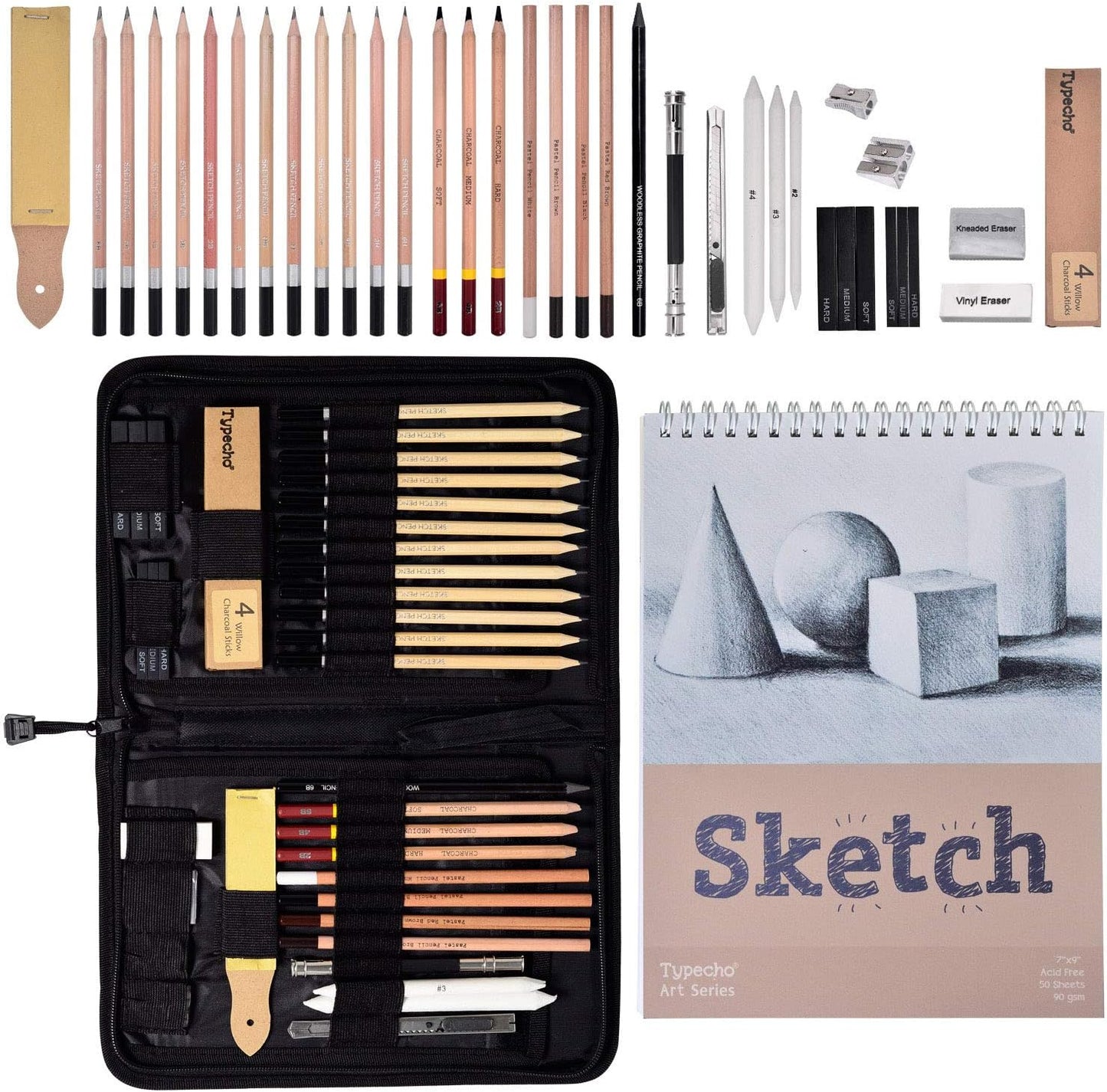 Sketching Drawing Pencil Set,41pcs Professional Charcoal Pencils Artist Kit with Sketch Book,Art Set Supplies for Teens,Kids Adults,Artists,Beginners(41pcs)