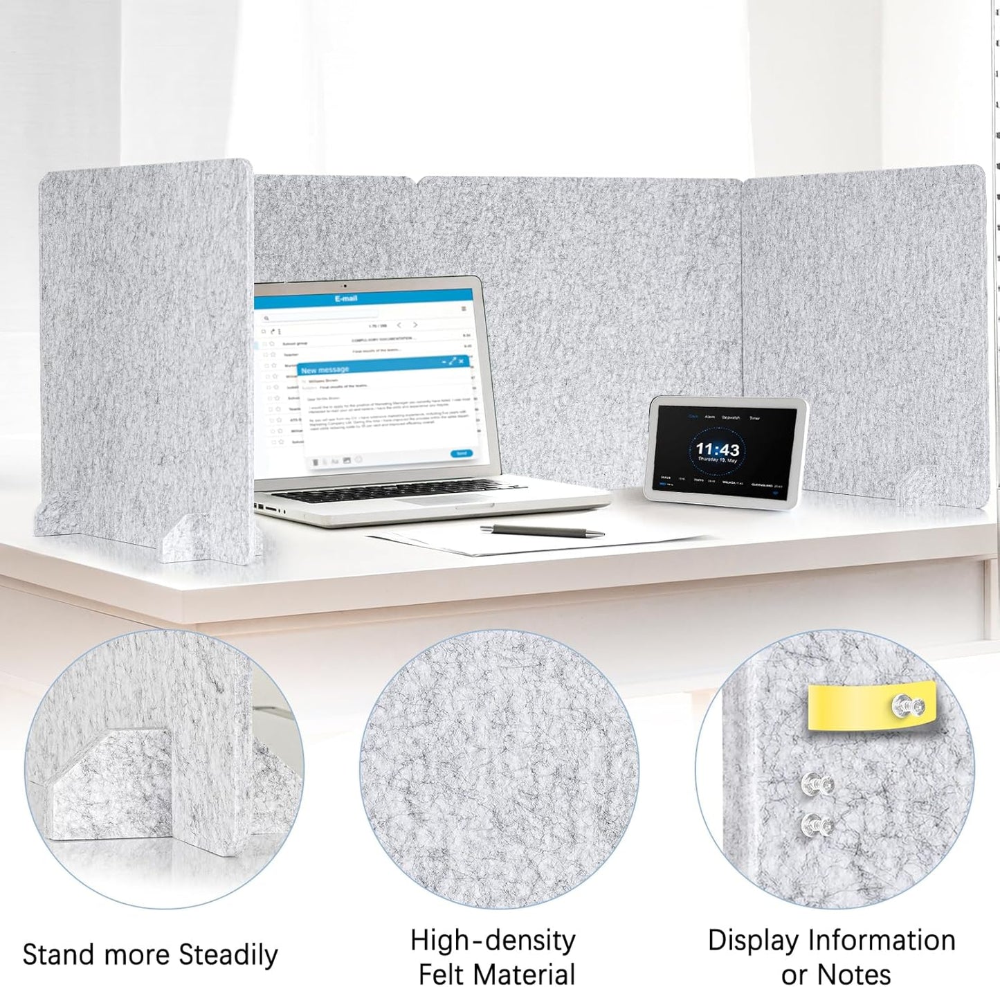 4 Pack Acoustic Desk Dividers - 24" x 20" Freestanding Privacy Panels Set with Noise - Reducing Design Cubicle Sound Proof, Ideal for Office, Classroom, and Home (Silver Gray)