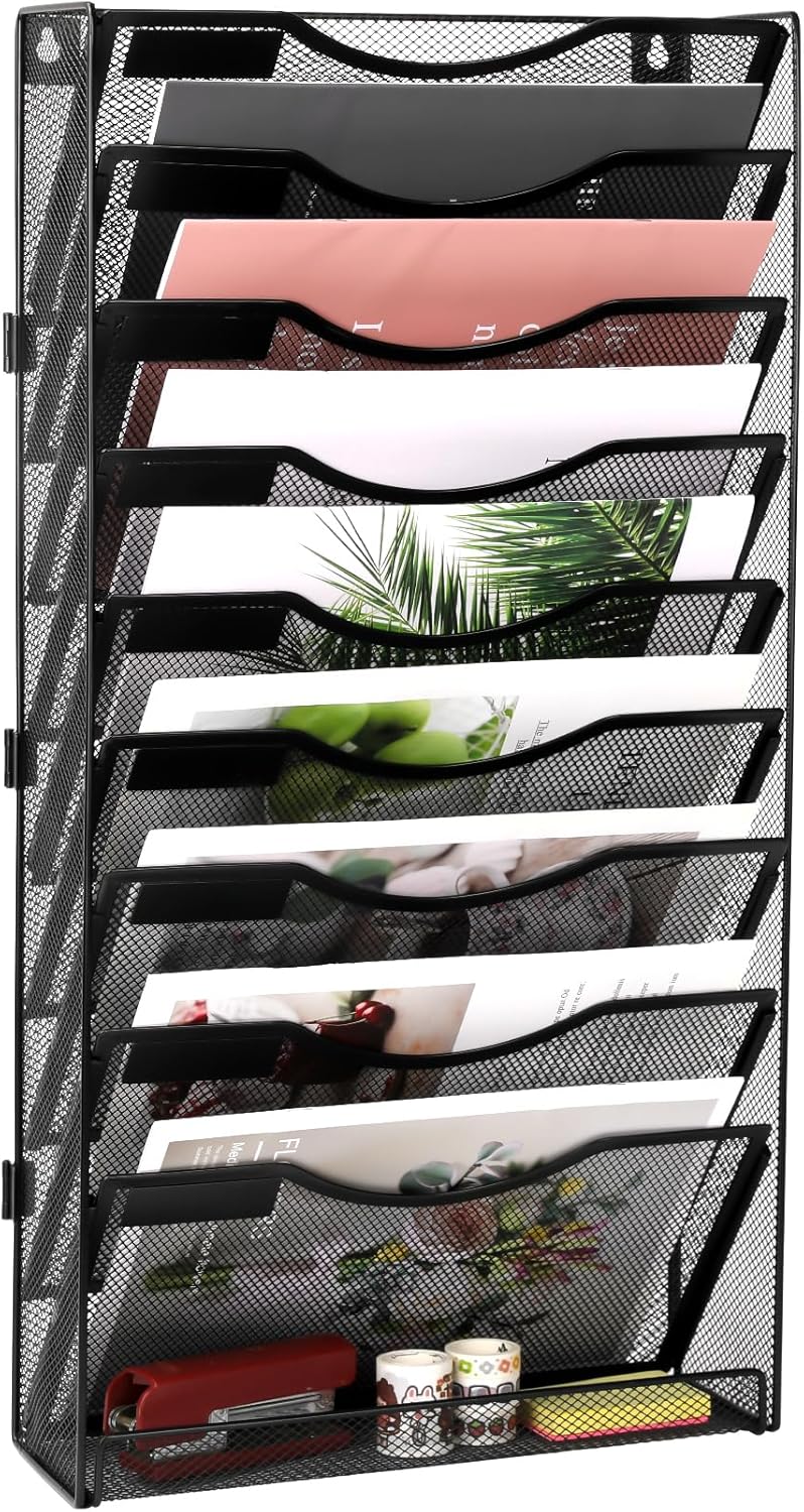 EasyPAG 10 Tier Wall File Holder with Flat Tray, Black | Easy Assemble Mesh Desk File Organizer | 9-Folder Paper Storage | Replaceable Classify Labels | Space Saving Mail Organizer for Office Home