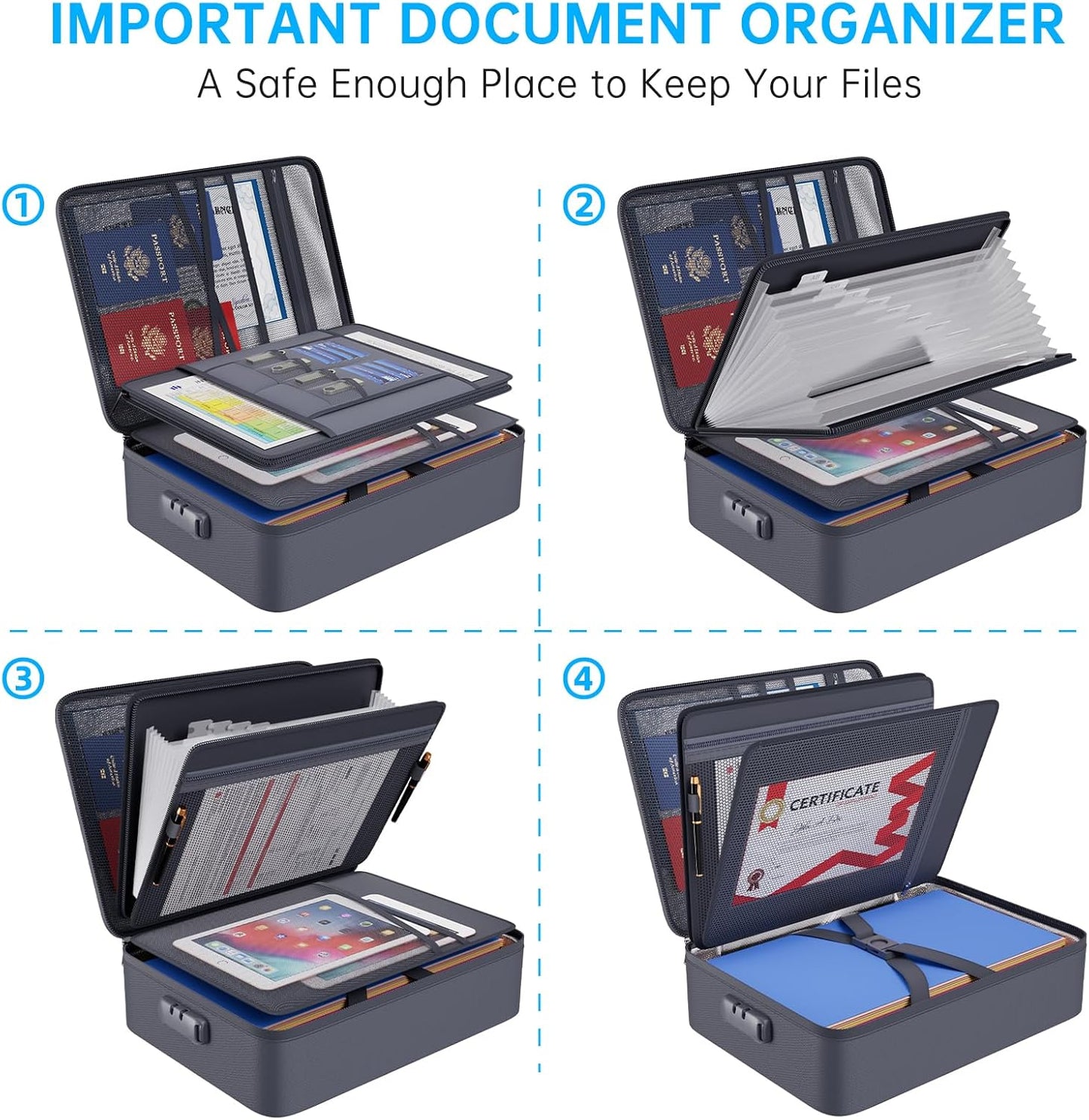 ENGPOW 5200℉ Fireproof File Organizer Bag with 13 Pocket Accordion File Folder,Document Organizer Box with Lock&Labels,Multi-Layer Portable Home Travel Safe Storage Box for Important Documents,Gray