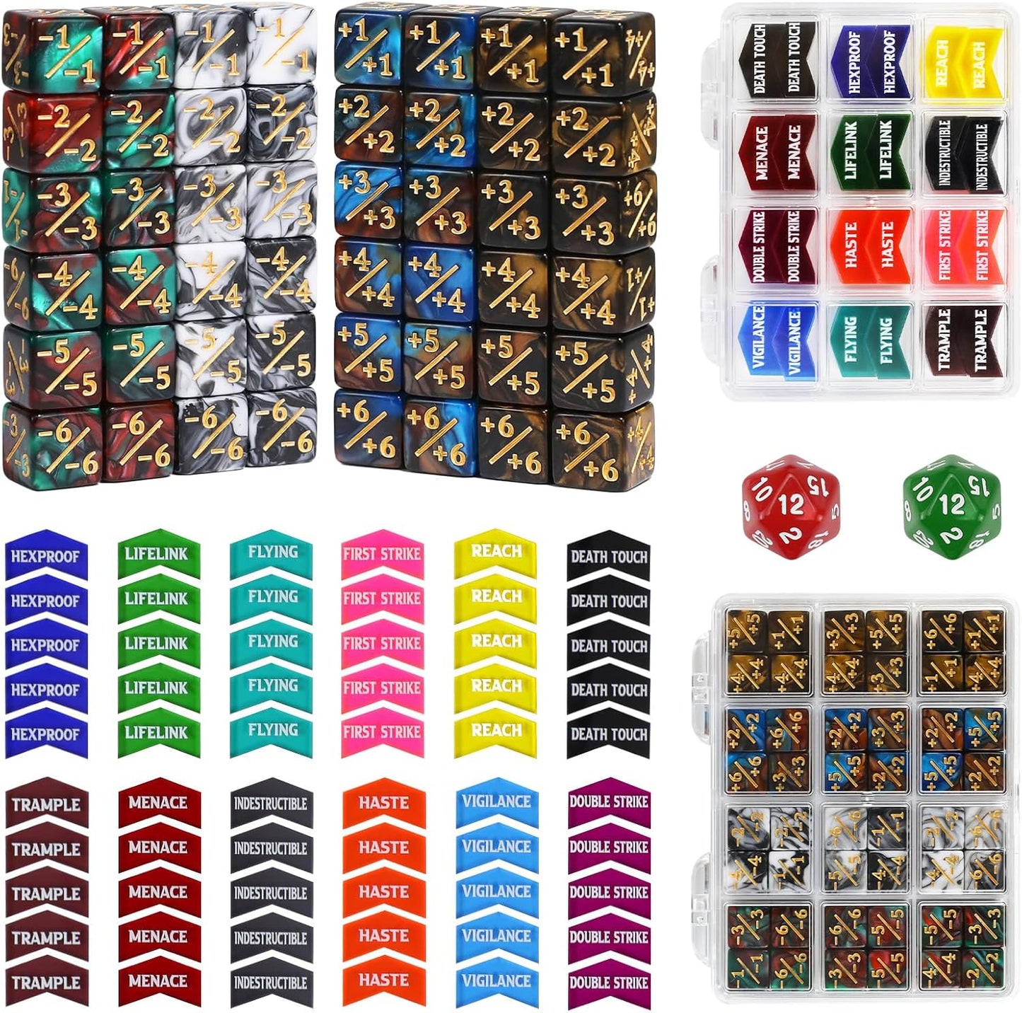 110 Pieces MTG Keyword Tokens 12mm Counters Dice for Magic The Gatering, MTG Abilities Keyword Buff Tokens D6 D20 Life Counter Dice for TCG CCG Magic Card Games Accessories