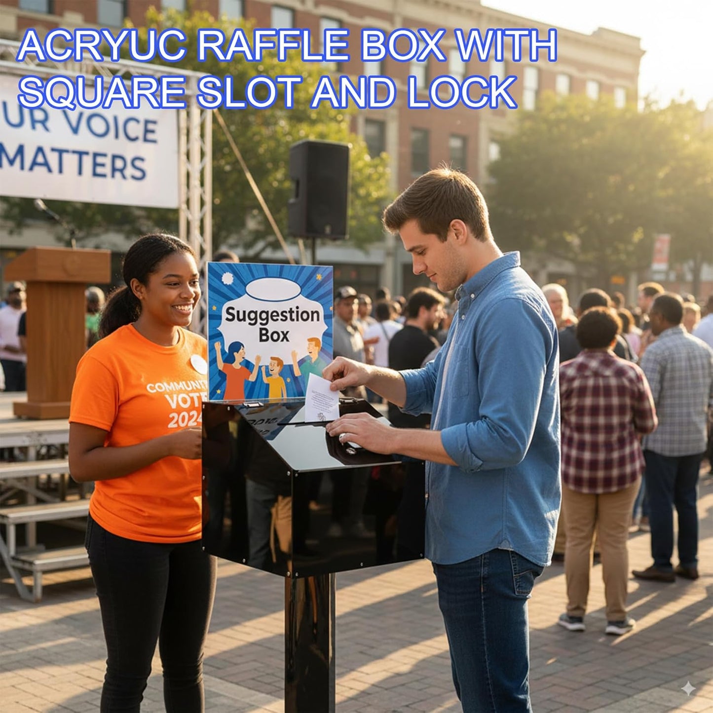 Large-Capacity Acrylic Suggestion Box with Lock & Sign Holder, Floor-Standing Ballot/Donation/Raffle Box on Stand with Wheels, 13.8 in Cube (39.6 in Tall), Black