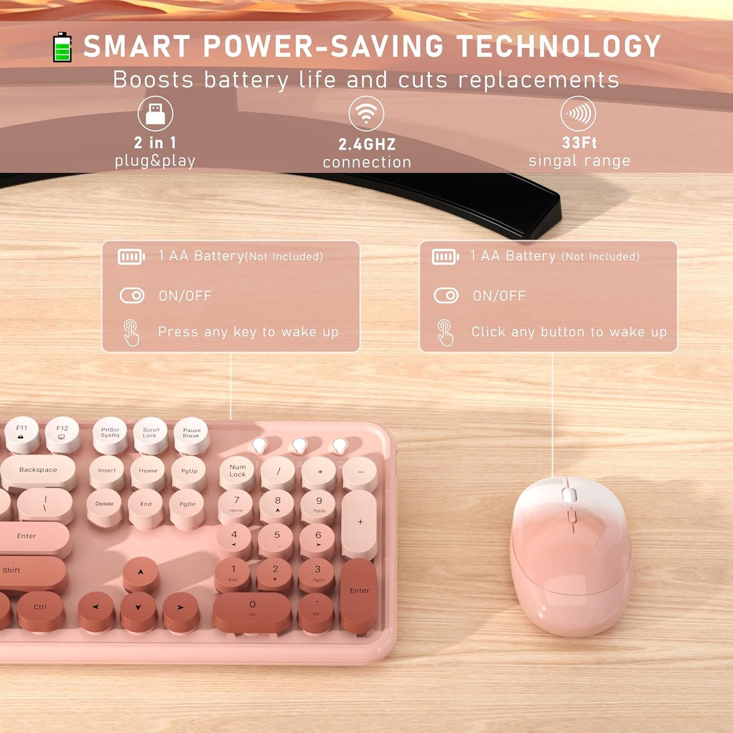 Wireless Keyboard and Mouse, Full-Size Retro Typewriter Keyboard with Round Keycaps, 2.4GHz for Windows, Mac, Laptop, PC, Desktop (Peach Gradient)