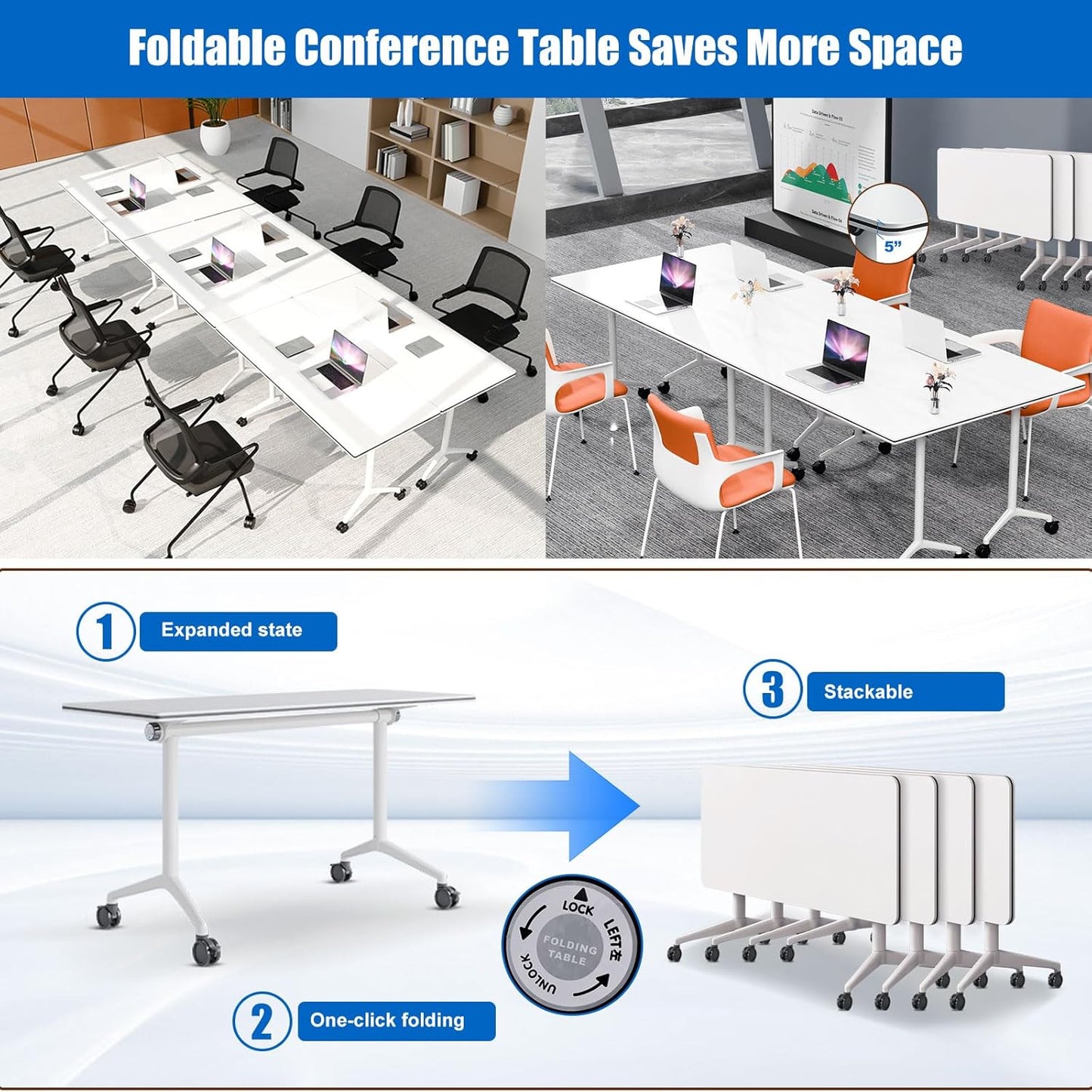 Conference Table, Folding Conference Desk Modern White, Seminar Table with Wheels, 2-10 People for Office, Meeting Break Room (6, 1915, 71IN)